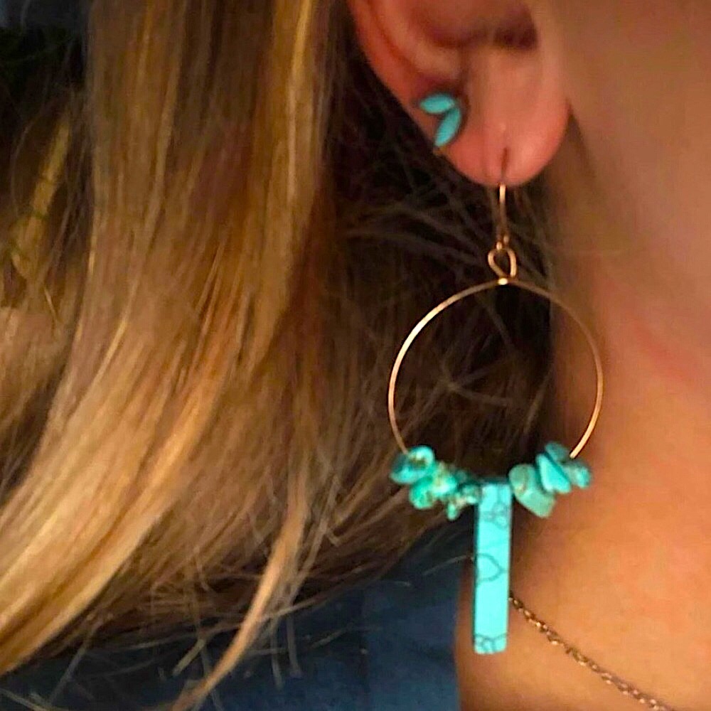 Turquoise Hoop Drop Earrings with Stone Bar